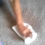 Close-up of a carpet with a stain being cleaned, showing liquid and cleaning tools