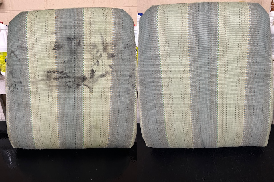 Before and after cleaning of outdoor cushions by Alec’s Carpet & Upholstery Cleaning in Cape Cod