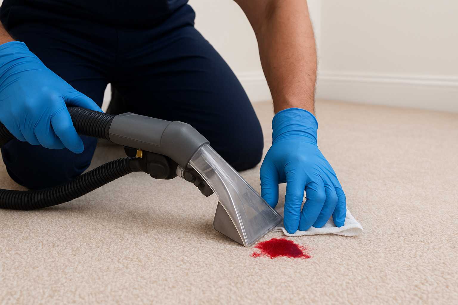 Carpet cleaning technician professionally removing a fresh nail polish stain from a rug in Boston