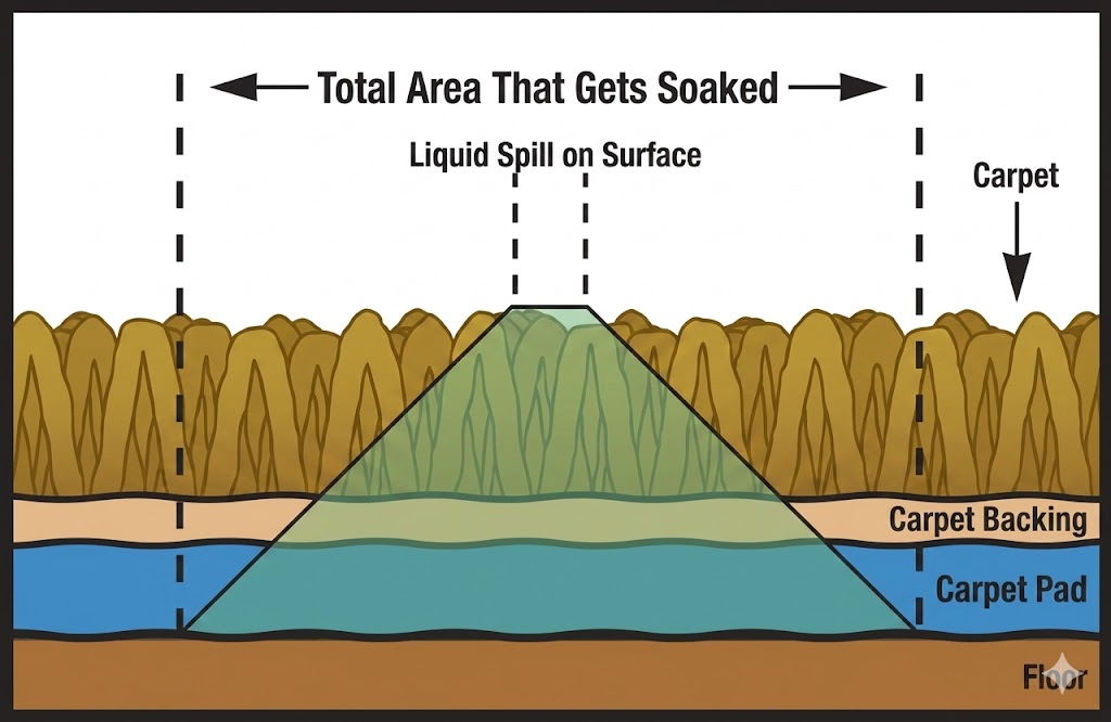 A cross-section diagram illustrating how a liquid spill affects a carpet and its padding. The graphic shows five horizontal layers: a floor base, blue carpet pad, tan carpet backing, and a brown carpet surface pile. A green-tinted area, labeled with vertical dashed lines as the 'Liquid Spill on Surface,' appears as a small spot. This green-tinted saturated area dramatically expands into a broad triangle as it penetrates the carpet backing and carpet pad. Long double-headed arrows span the width of the soaked pad and backing, labeled 'Total Area That Gets Soaked,' visually contrasting the large area of contamination below the surface with the much smaller visible spill above