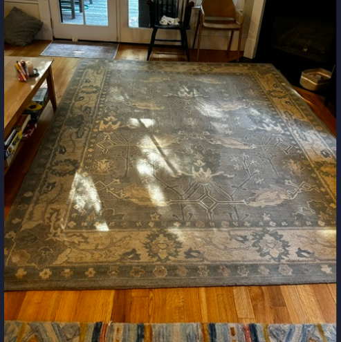 Hand-knotted Oriental rug in a homeowner's living room before professional evaluation.